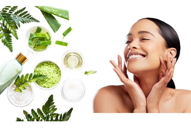 A model posing next to organic FV Foundation Ingredients