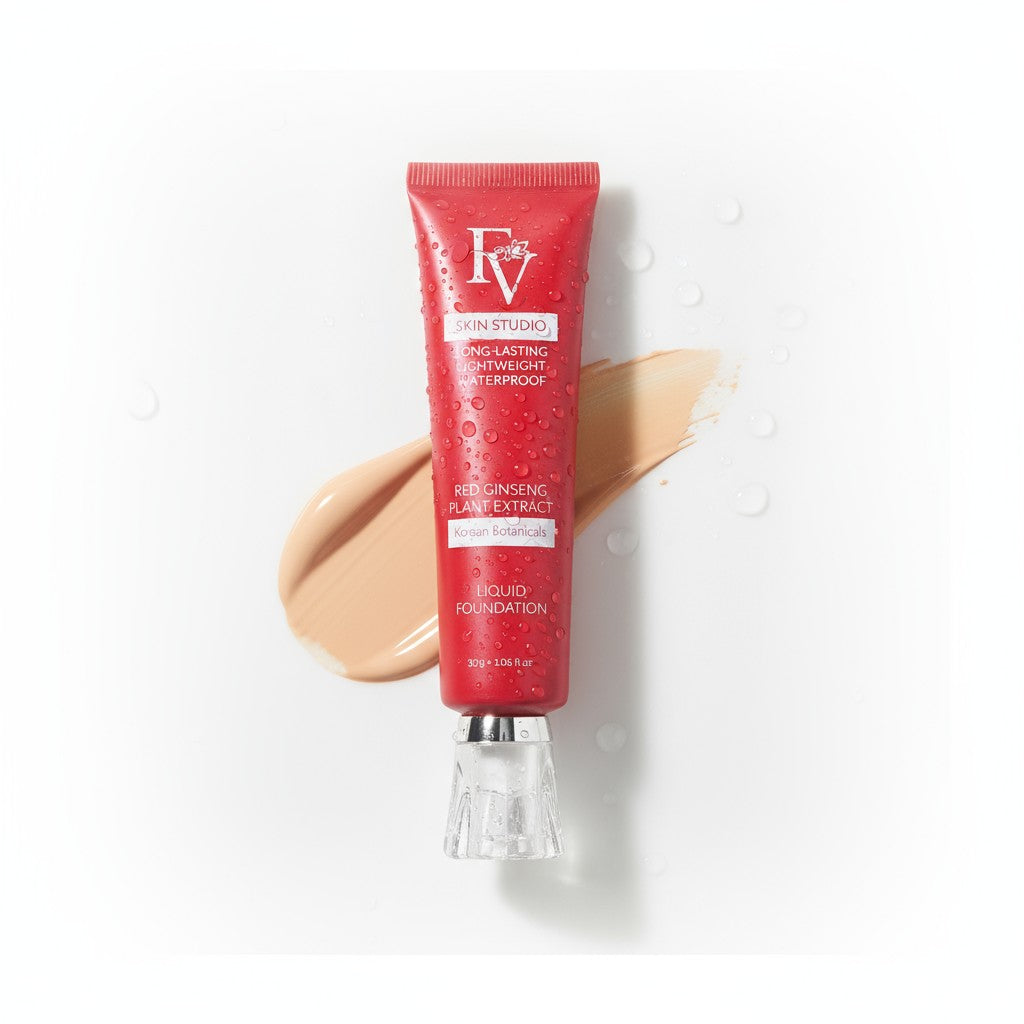 Red tube of FV foundation with beige swatch on a white background