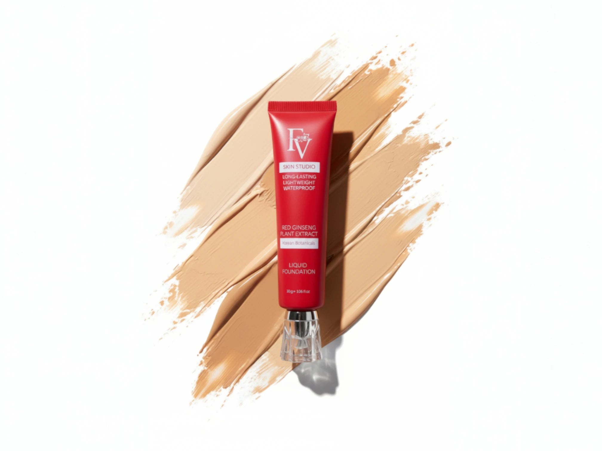 Red tube of FV foundation with beige swatch on a white background